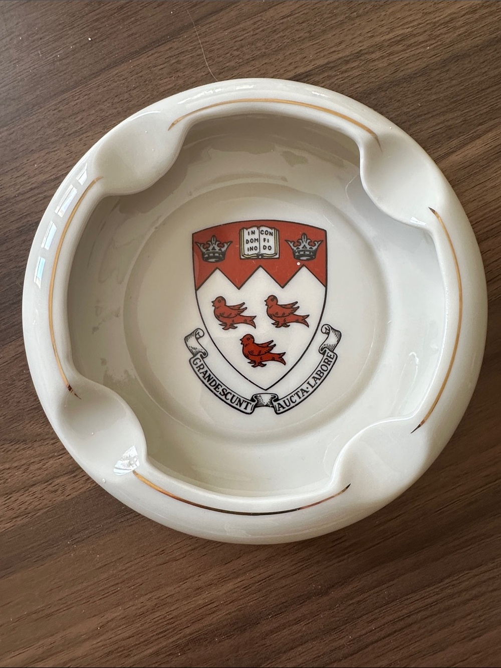 Ceramic White Ashtray with McGill Red Crest Emblem